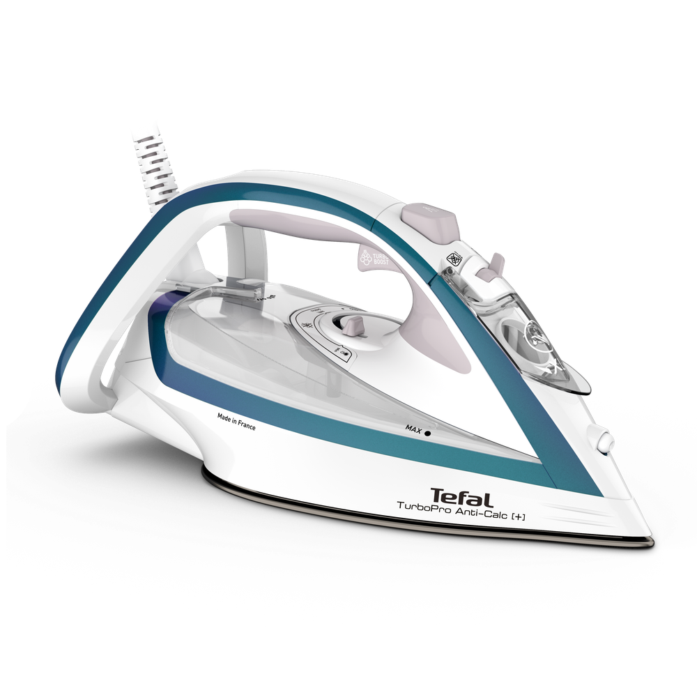 Fier de călcat cu abur Turbo Pro Anti-Calc FV5689E0, 2800 W, jet de abur 240 g/min, talpă Durilium Airglide Autoclean, mod eco, colector anti-calcar, rezervor 0.30 L, alb / albastru