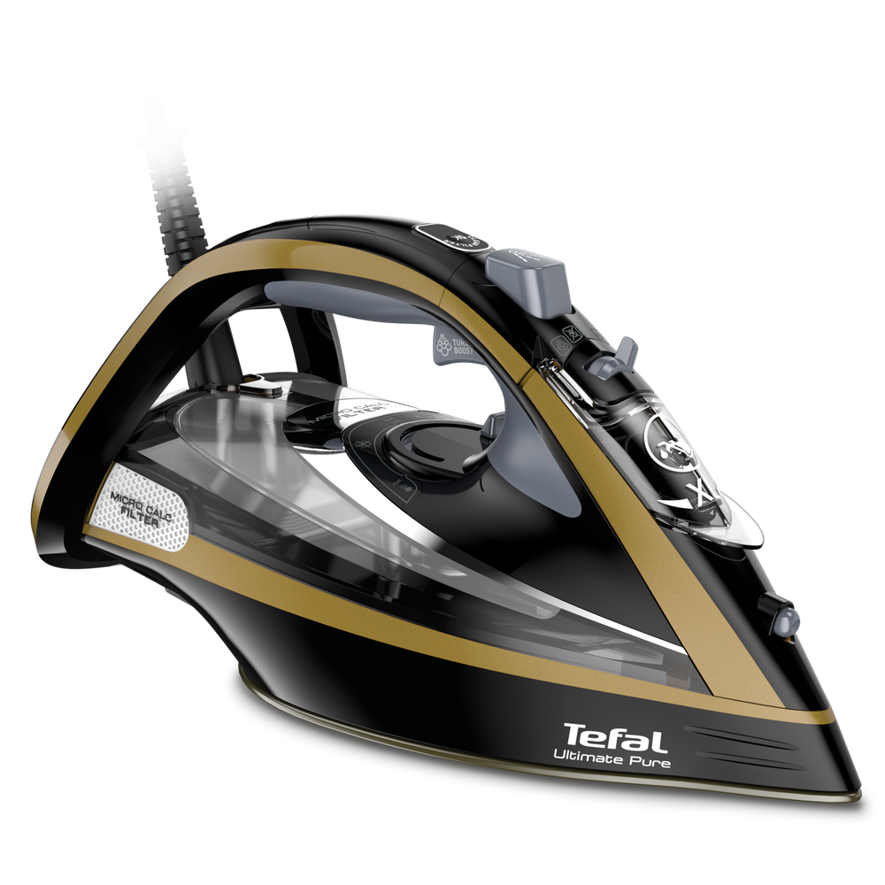Fier de călcat Ultimate Pure FV9865E0, 3000 W, jet de abur 250 g/min, talpă Durilium Airglide Autoclean, colector anti-calcar, filtru micro - calc, rezervor 0.35 L, auriu