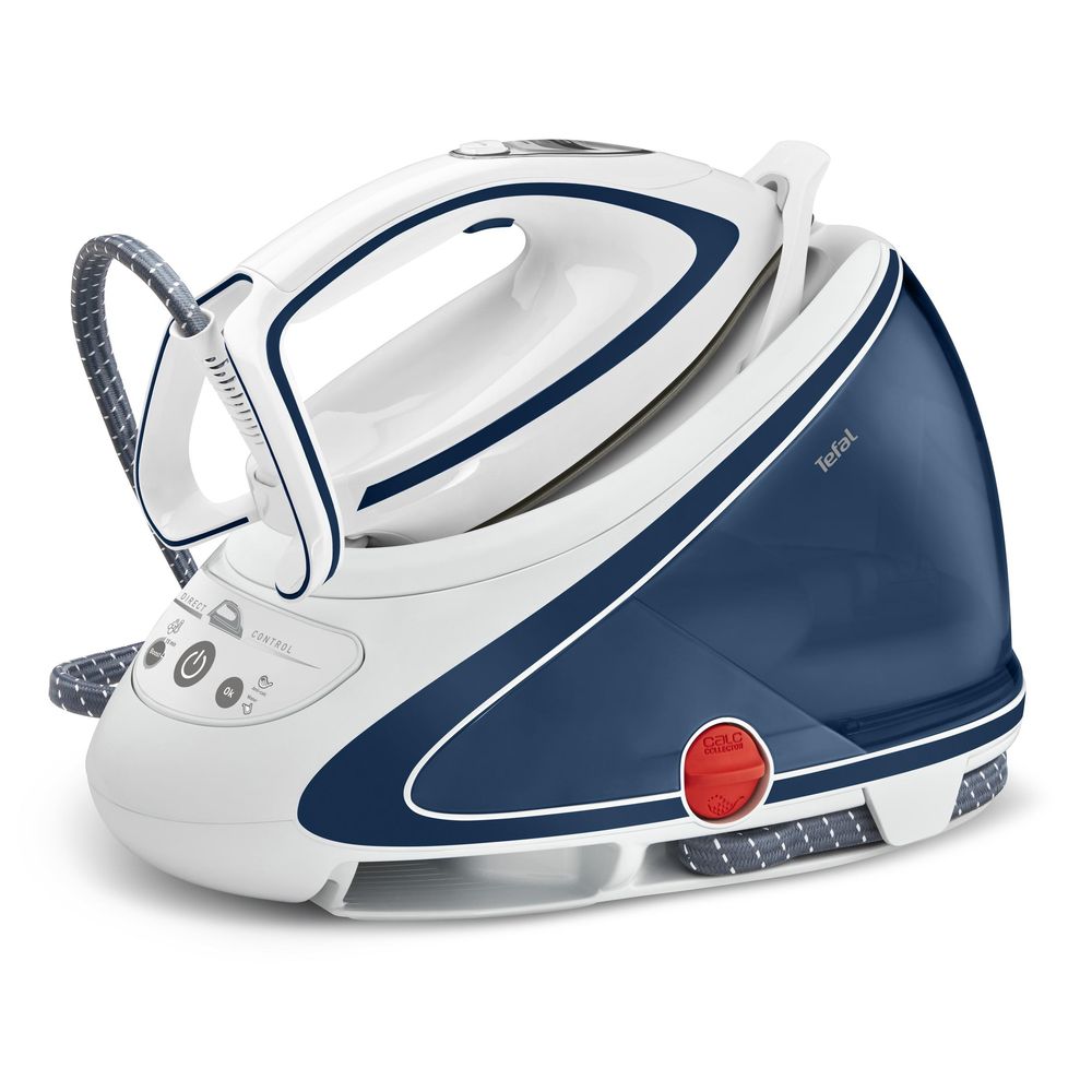 Stație de călcat cu boiler de înaltă presiune Pro Express Ultimate Care GV9570E0, 2600 W, 7.8 bari, jet de abur 550 g/min, talpă Durilium Airglide Autoclean, colector anti-calcar, rezervor 1.9 L, alb / albastru