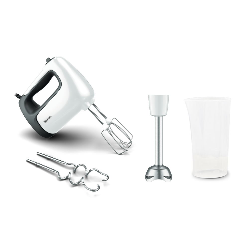 Mixer de mână Prep'Mix HT462138, 500 W, 5 trepte de viteză, funcție Turbo, 2 teluri, 2 cârlige, picior pasator, pahar gradat, alb