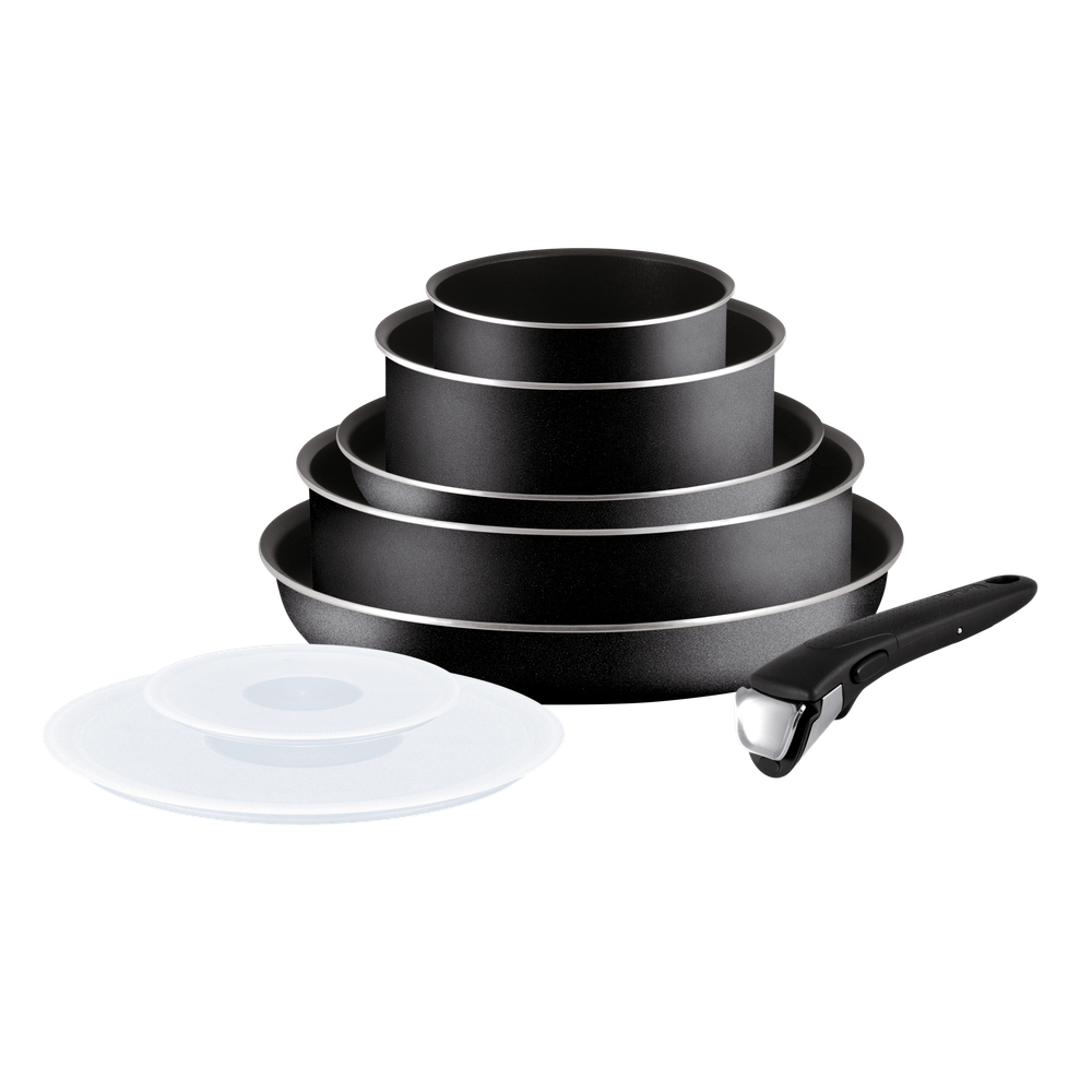 Set 8 piese Ingenio Essential L2009902, înveliș antiaderent 100% sigur, PowerGlide, mâner detașabil, aluminiu, negru