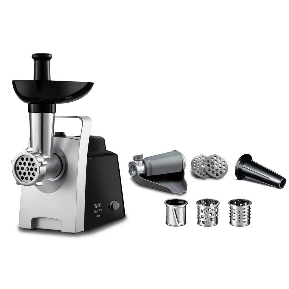 Mașină de tocat carne HV 7 în 1 NE109838, 1400 W,  2 site inox, 3 conuri feliere și radere, 2 accesorii roșii și cârnați, funcția Reverse, negru