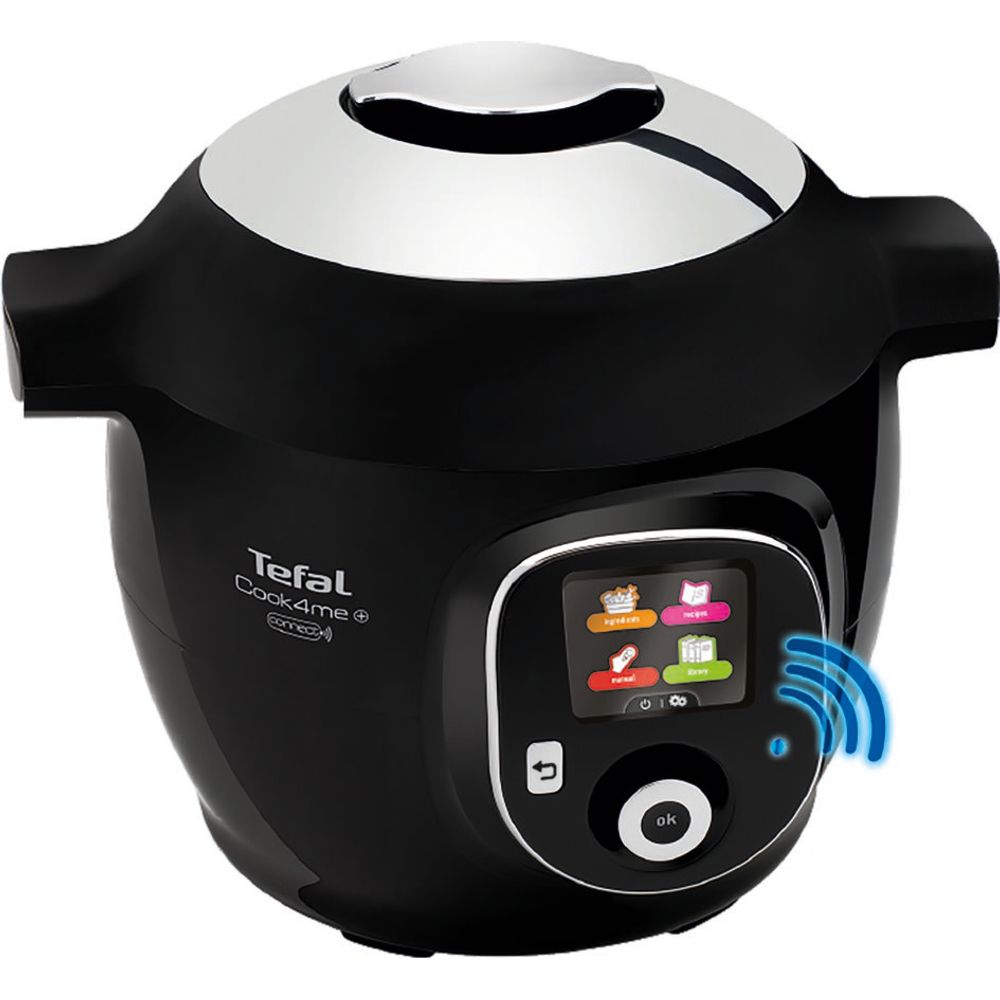 Multicooker inteligent cu gătire sub presiune Tefal Cook4Me+ Connect CY855830,  conexiune bluethooth, aplicație dedicată, 6 moduri de gătire, instrucțiuni pas cu pas, 150 de retete, 6L, vas cu înveliș ceramic, negru