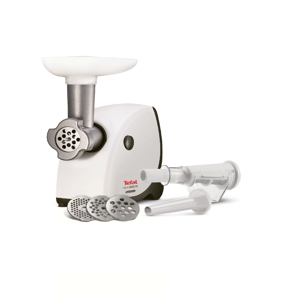 Mașină de tocat carne HV4 NE445138, 2000 W, 3 site inox, 2 accesorii roșii și cârnați, alb