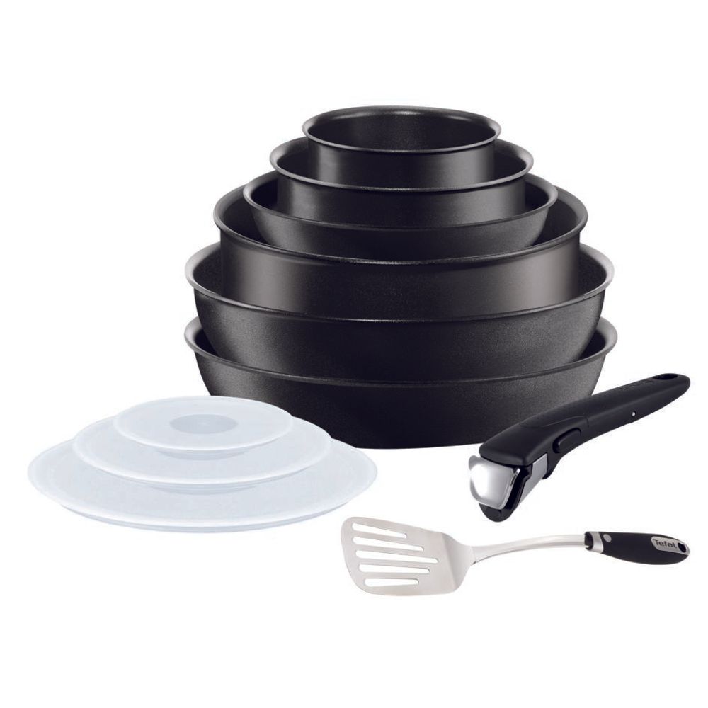 Set de 11 piese Ingenio Expertise L6509902, înveliș antiaderent 100% sigur, Titanium Excellence, mâner detașabil, aluminiu, negru
