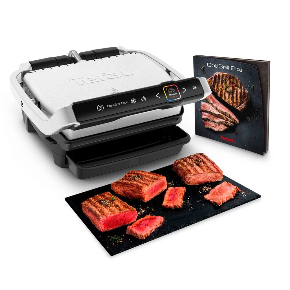 Grătar electric OptiGrill Elite GC750D30, 12 programe, termostat reglabil, carte de rețete, argintiu