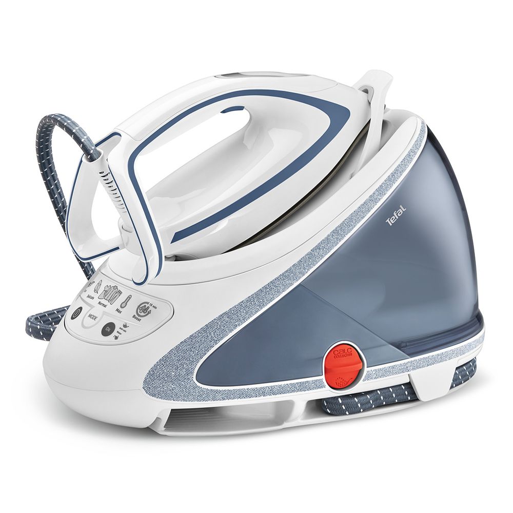 Stație de călcat cu boiler de înaltă presiune Pro Express Ultimate Care GV9565E0, 2600 W, 7.7 bari, jet de abur 580 g/min, talpă Durilium Airglide Autoclean, colector anti-calcar, rezervor 1.9 L, alb / albastru