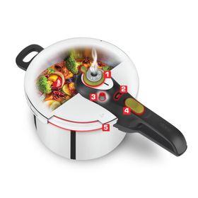 Oală sub presiune Secure 5, P2530741, 5 sisteme de siguranță, 2 nivele de presiune, indicator de presiune, 6 L, inox, argintiu