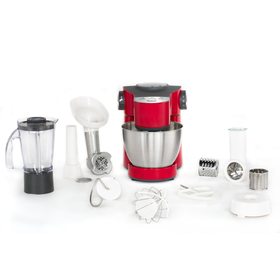 Robot de bucătărie Wizzo QB317538, 1000 W, set pentru patiserie, bol inox 4 L, funcția Pulse, blender inox 1.5 L, mașină de tocat carne, feliator, roșu