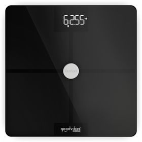Cântar de baie inteligent Goodvibes Health BM9660S1, 14 funcții, 180 KG, gradații la 50 g, 32 x 32 cm, sticlă, negru