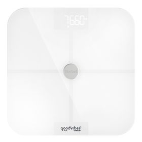 Cântar de baie inteligent Goodvibes Sport BM9640S1, 13 măsurători, 180 KG, gradații la 100 g, 31 x 31 cm, sticlă, alb