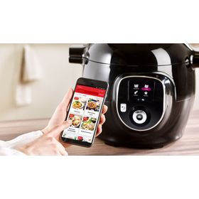 Multicooker inteligent cu gătire sub presiune Tefal Cook4Me+ Connect CY855830,  conexiune bluethooth, aplicație dedicată, 6 moduri de gătire, instrucțiuni pas cu pas, 150 de retete, 6L, vas cu înveliș ceramic, negru