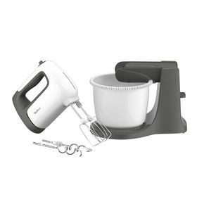 Mixer de mână Prep'Mix HT464138, 500 W, 5 trepte de viteză, funcție Turbo, bol rotativ 2.5 L, 2 teluri, 2 cârlige, alb