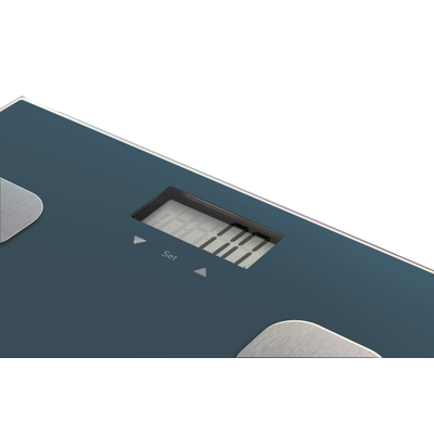 Cântar de baie inteligent Body Up BM2520V0, indice de masă corporală, 8 memorii, 35 mm grosime, 150 KG, gradații la 100 g, 32 x 32 cm, sticlă, albastru