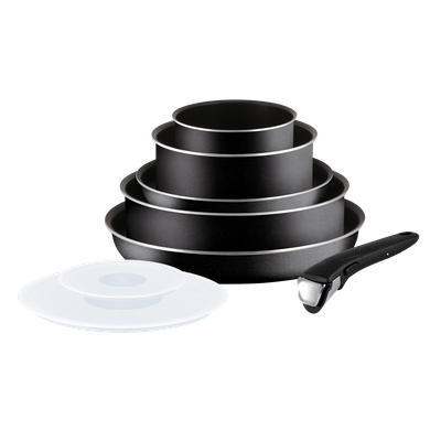Set 8 piese Ingenio Essential L2009902, înveliș antiaderent 100% sigur, PowerGlide, mâner detașabil, aluminiu, negru
