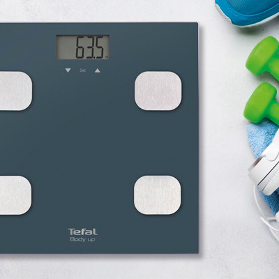 Cântar de baie inteligent Body Up BM2520V0, indice de masă corporală, 8 memorii, 35 mm grosime, 150 KG, gradații la 100 g, 32 x 32 cm, sticlă, albastru