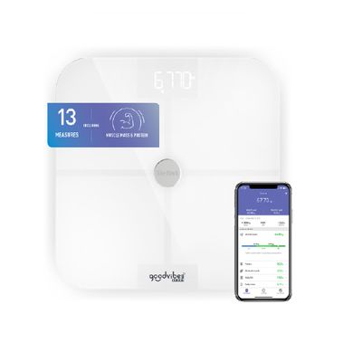 Cântar de baie inteligent Goodvibes Sport BM9640S1, 13 măsurători, 180 KG, gradații la 100 g, 31 x 31 cm, sticlă, alb