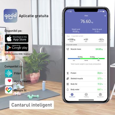 Cântar de baie inteligent Goodvibes Sport BM9640S1, 13 măsurători, 180 KG, gradații la 100 g, 31 x 31 cm, sticlă, alb