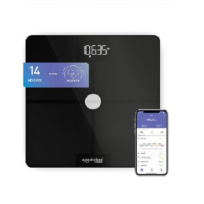 Cântar de baie inteligent Goodvibes Health BM9660S1, 14 funcții, 180 KG, gradații la 50 g, 32 x 32 cm, sticlă, negru