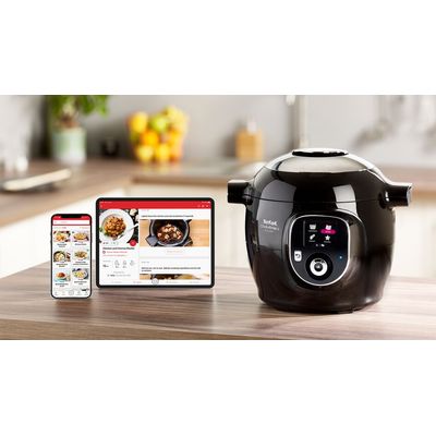 Multicooker inteligent cu gătire sub presiune Tefal Cook4Me+ Connect CY855830,  conexiune bluethooth, aplicație dedicată, 6 moduri de gătire, instrucțiuni pas cu pas, 150 de retete, 6L, vas cu înveliș ceramic, negru