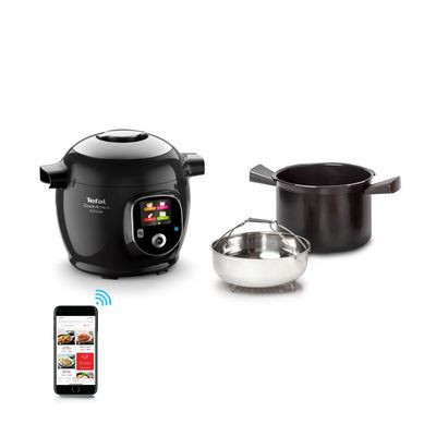 Multicooker inteligent cu gătire sub presiune Tefal Cook4Me+ Connect CY855830,  conexiune bluethooth, aplicație dedicată, 6 moduri de gătire, instrucțiuni pas cu pas, 150 de retete, 6L, vas cu înveliș ceramic, negru