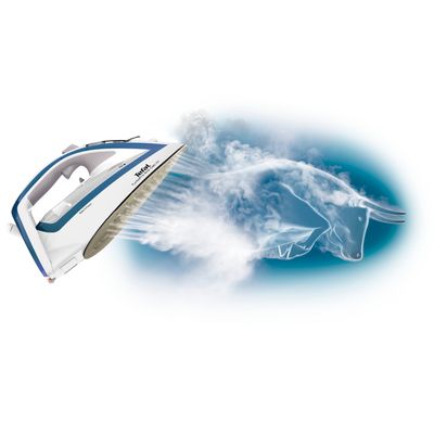 Fier de călcat cu abur Turbo Pro Anti-Calc FV5689E0, 2800 W, jet de abur 240 g/min, talpă Durilium Airglide Autoclean, mod eco, colector anti-calcar, rezervor 0.30 L, alb / albastru
