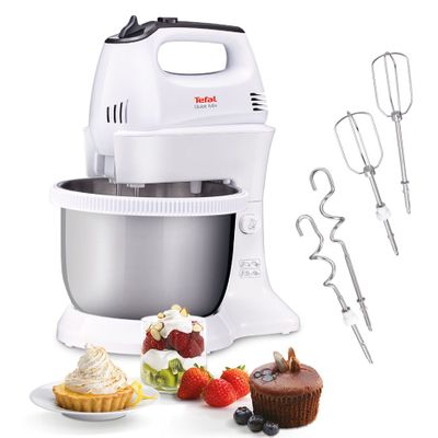 Mixer Quick Mix HT312138, 300 W, 5 trepte de viteză, funcție Turbo, bol rotativ 3.5 L, 2 teluri, 2 cârlige, alb