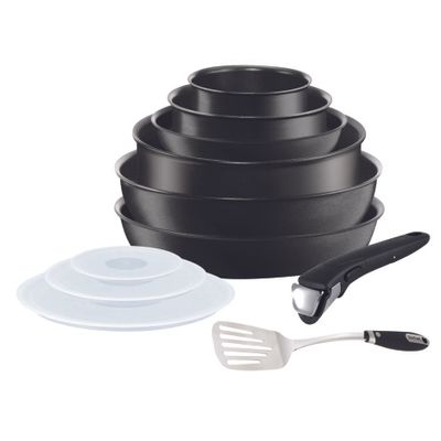 Set de 11 piese Ingenio Expertise L6509902, înveliș antiaderent 100% sigur, Titanium Excellence, mâner detașabil, aluminiu, negru