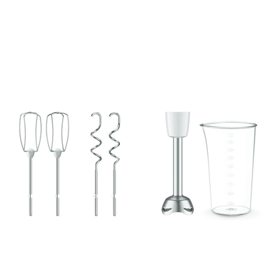 Mixer de mână Prep'Mix HT462138, 500 W, 5 trepte de viteză, funcție Turbo, 2 teluri, 2 cârlige, picior pasator, pahar gradat, alb