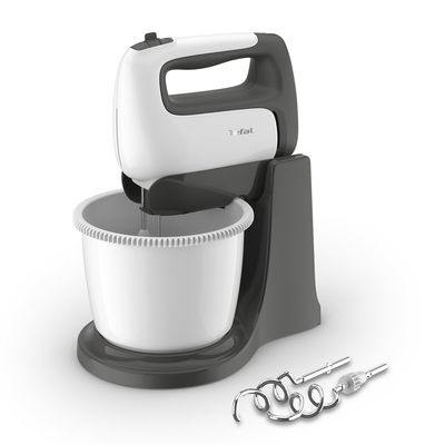 Mixer de mână Prep'Mix HT464138, 500 W, 5 trepte de viteză, funcție Turbo, bol rotativ 2.5 L, 2 teluri, 2 cârlige, alb