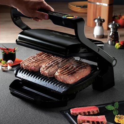 Grătar electric OptiGrill+ GC712834, 6 programe, senzor automat, mod manual 4 nivele, plăci antiaderente din aluminiu turnat, tavă colectare lichide, negru