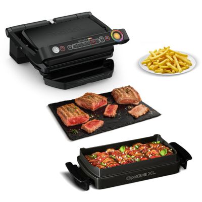 Grătar electric OptiGrill+ Snacking & Baking GC714834, 6 programe, senzor automat, mod manual 4 nivele, plăci antiaderente din aluminiu turnat, tavă colectare lichide, tavă gustare și coacere, negru