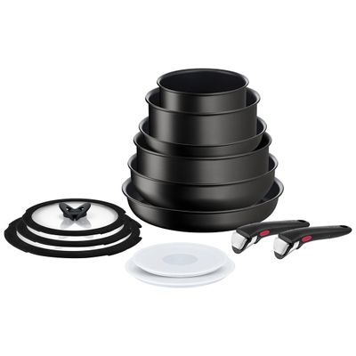 Set de 13 piese Ingenio Unlimited L7639002, înveliș antiaderent 100% sigur, Thermo-Signal™, 2 mânere detașabile, aluminiu, negru